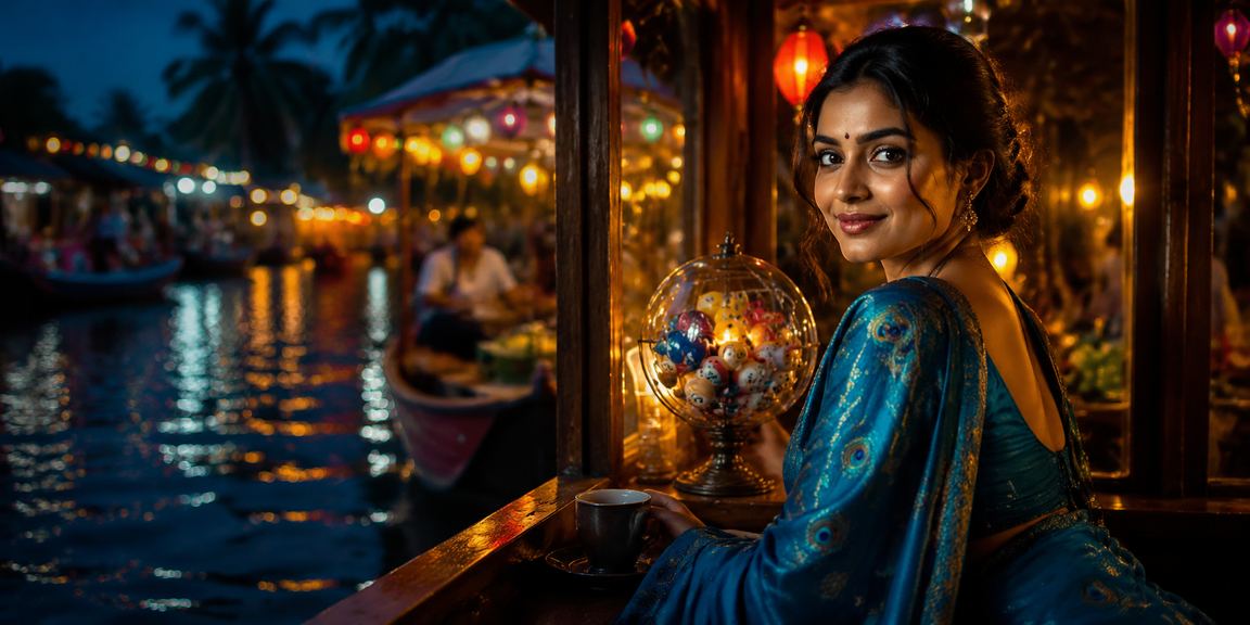 Colorful view of Kerala backwaters with traditional lottery scene