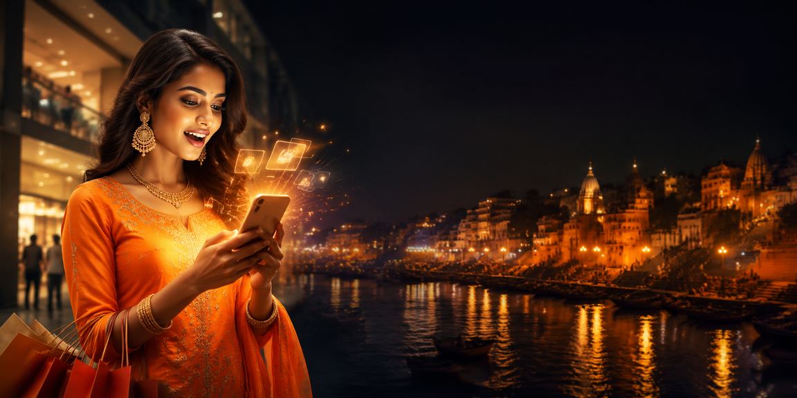 Slot machine winner celebrating at Varanasi cityscape